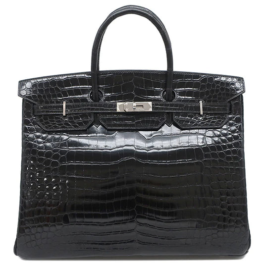 エルメス HERMES バーキン40 ブラック ポロサス ハンドバッグ シルバー金具 黒 クロコ