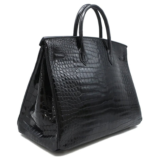 エルメス HERMES バーキン40 ブラック ポロサス ハンドバッグ シルバー金具 黒 クロコ